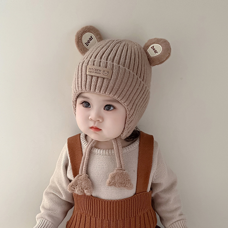 Бебешка памучна зимна шапка с ушна защита, куполна форма, топла и ветроустойчива, карикатурен стил; за възраст 6–12 м, 1–2 г и 2–4 г