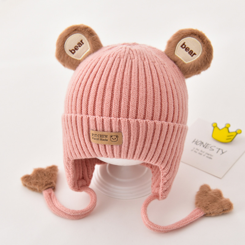 Бебешка памучна зимна шапка с ушна защита, куполна форма, топла и ветроустойчива, карикатурен стил; за възраст 6–12 м, 1–2 г и 2–4 г