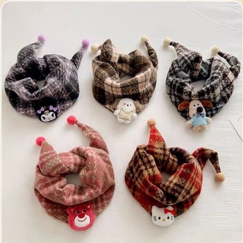 Unisex παιδικό τρίγωνο φουλάρι για τον λαιμό με καρό μοτίβο και καρτούν, παχύ βαμβάκι slub, μεσαίου μήκους, φθινόπωρο 2024