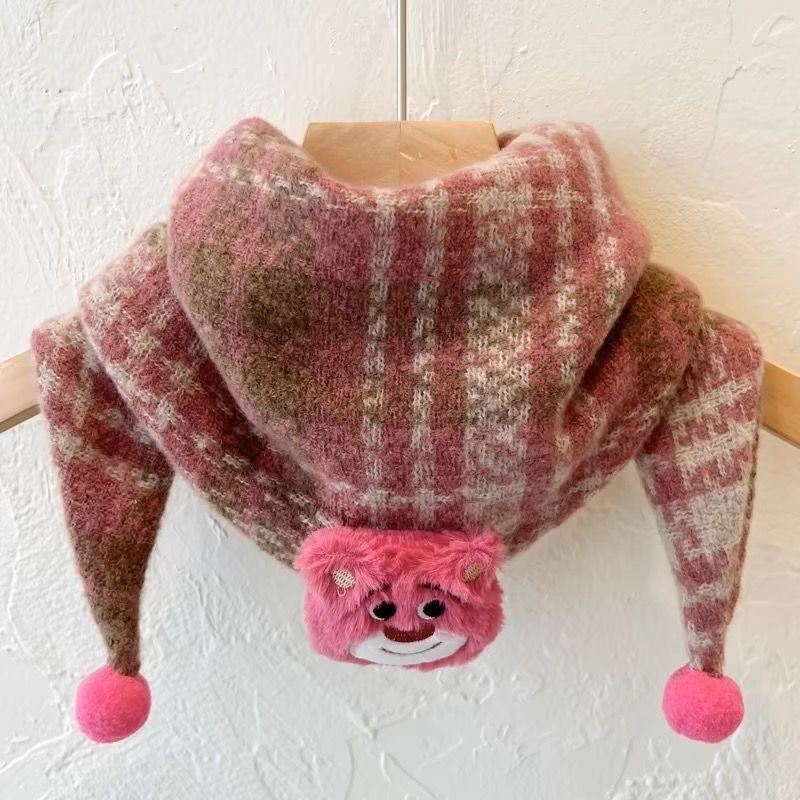 Unisex παιδικό τρίγωνο φουλάρι για τον λαιμό με καρό μοτίβο και καρτούν, παχύ βαμβάκι slub, μεσαίου μήκους, φθινόπωρο 2024