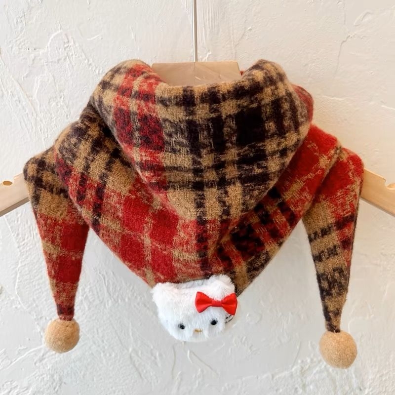 Unisex παιδικό τρίγωνο φουλάρι για τον λαιμό με καρό μοτίβο και καρτούν, παχύ βαμβάκι slub, μεσαίου μήκους, φθινόπωρο 2024