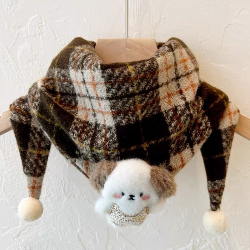 Unisex παιδικό τρίγωνο φουλάρι για τον λαιμό με καρό μοτίβο και καρτούν, παχύ βαμβάκι slub, μεσαίου μήκους, φθινόπωρο 2024