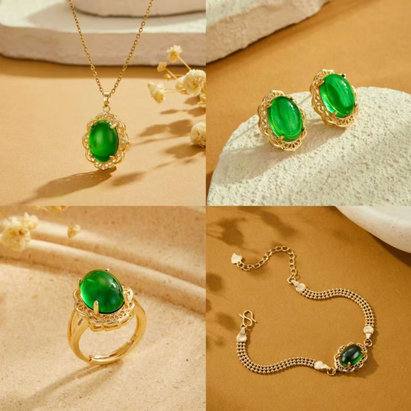 Set nakita od chrysopraza: ogrlica, naušnice, prsten i narukvica; Materijal: titan čelik; Oblik: geometrijski; Lanac: križno kružni lanac; Stil: dvorac