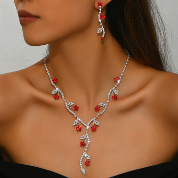 Bakreni set nakita s rhinestones, motiv biljke i cvijeta, ogrlica i naušnice