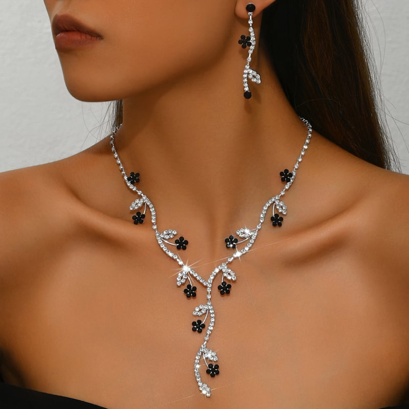 Bakreni set nakita s rhinestones, motiv biljke i cvijeta, ogrlica i naušnice