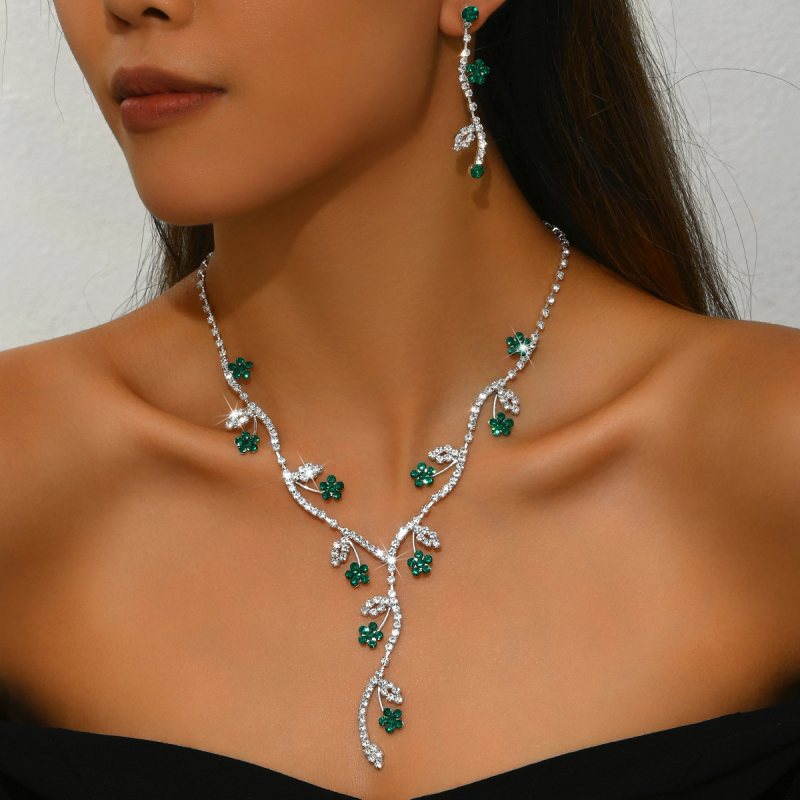 Bakreni set nakita s rhinestones, motiv biljke i cvijeta, ogrlica i naušnice