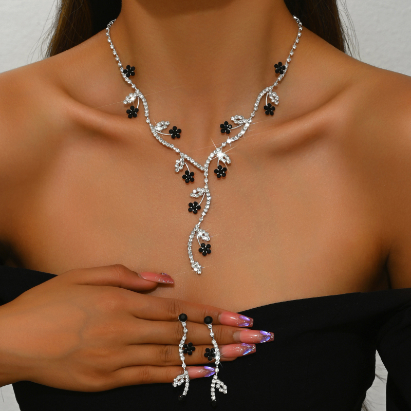 Bakreni set nakita s rhinestones, motiv biljke i cvijeta, ogrlica i naušnice