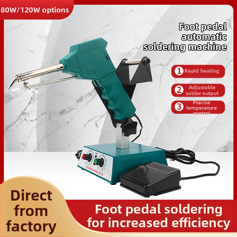 Kāju pedāļa lodēšanas stacija ar pastāvīgu/regulējamu temperatūru un automātisku tinuma padevi, nerūsējošs tērauds, 24V, 80–120W