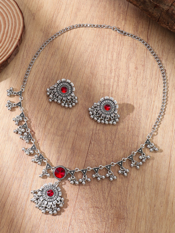 Ženski vintage set nakita – Ogrlica i naušnice, legura s rhinestones, obična lančana, privjesak od legure, uzorak zvijezda/sunce i mjesec