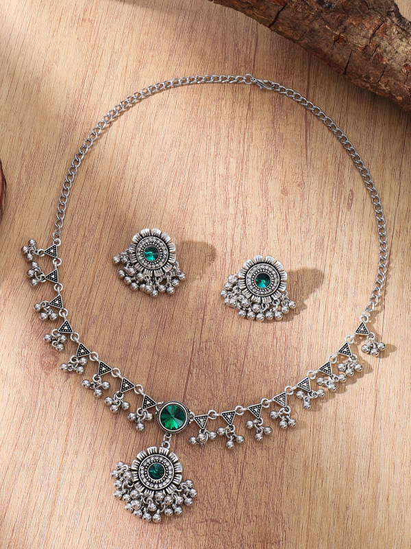Ženski vintage set nakita – Ogrlica i naušnice, legura s rhinestones, obična lančana, privjesak od legure, uzorak zvijezda/sunce i mjesec