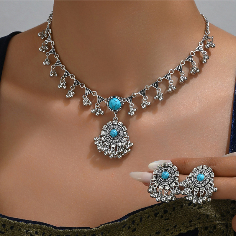 Ženski vintage set nakita – Ogrlica i naušnice, legura s rhinestones, obična lančana, privjesak od legure, uzorak zvijezda/sunce i mjesec