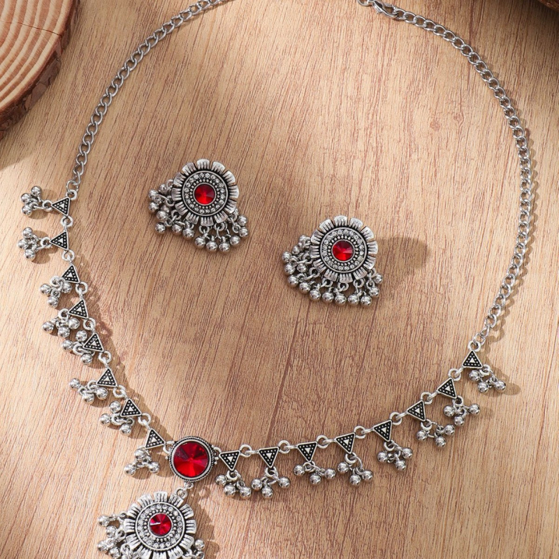 Ženski vintage set nakita – Ogrlica i naušnice, legura s rhinestones, obična lančana, privjesak od legure, uzorak zvijezda/sunce i mjesec