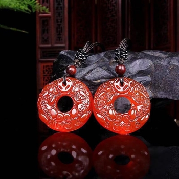 Медальон с двойни Pixiu от естествен агат, кръгла форма, гравирани детайли, чистота VVS