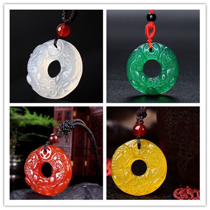 Медальон с двойни Pixiu от естествен агат, кръгла форма, гравирани детайли, чистота VVS