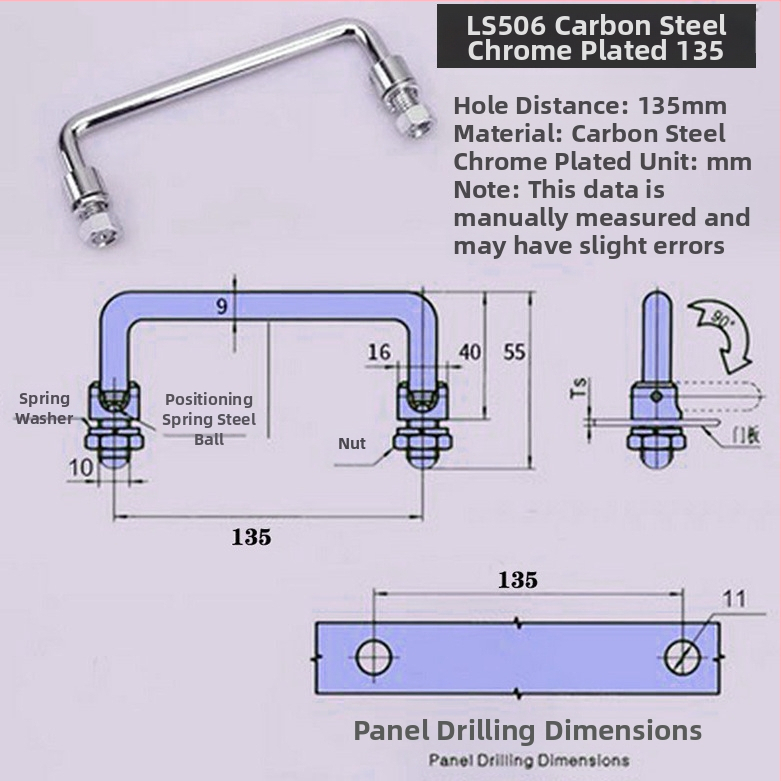 LS506 сгъваема дръжка за шкаф, 304 неръждаема стомана, хромирано покритие, повърхностно монтиране, за врата на шкаф