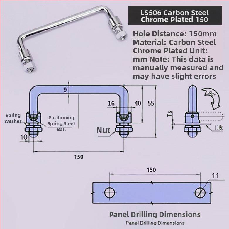 LS506 сгъваема дръжка за шкаф, 304 неръждаема стомана, хромирано покритие, повърхностно монтиране, за врата на шкаф