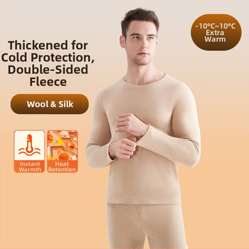 Мъжко термобельо от вълна и коприна, с флисова подплата, двойнослойно, кръгло деколте