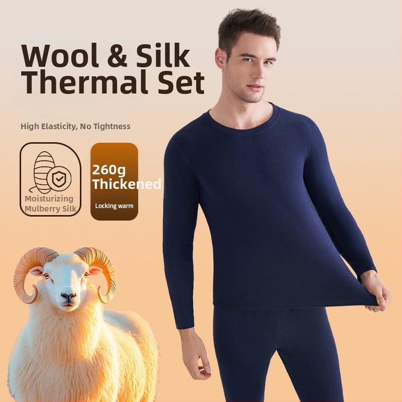Мъжко термобельо от вълна и коприна, с флисова подплата, двойнослойно, кръгло деколте