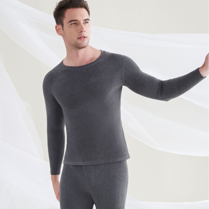 Мъжко термобельо от вълна и коприна, с флисова подплата, двойнослойно, кръгло деколте