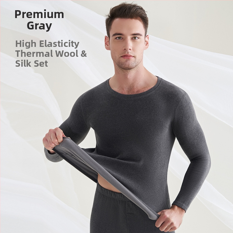 Мъжко термобельо от вълна и коприна, с флисова подплата, двойнослойно, кръгло деколте
