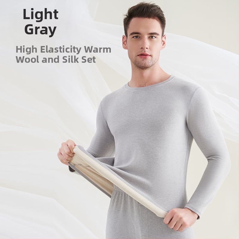 Мъжко термобельо от вълна и коприна, с флисова подплата, двойнослойно, кръгло деколте