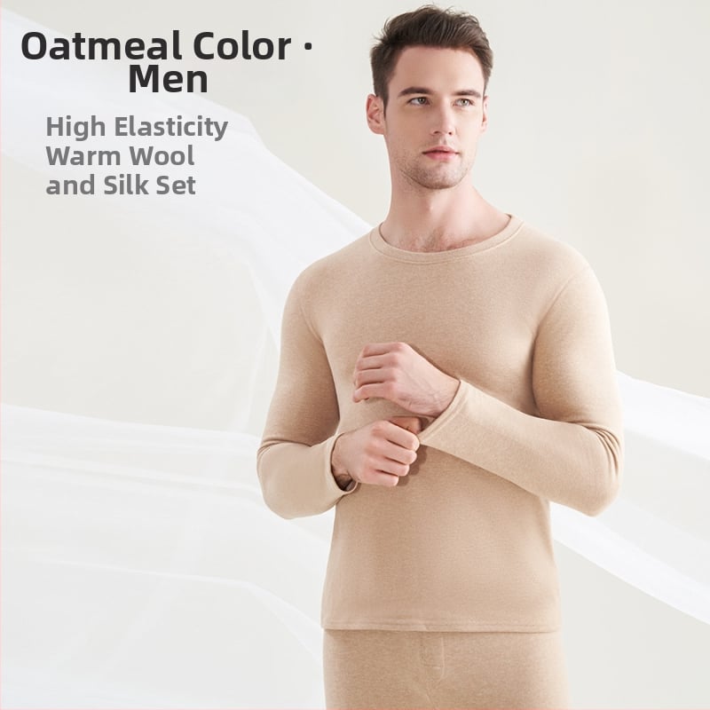 Мъжко термобельо от вълна и коприна, с флисова подплата, двойнослойно, кръгло деколте