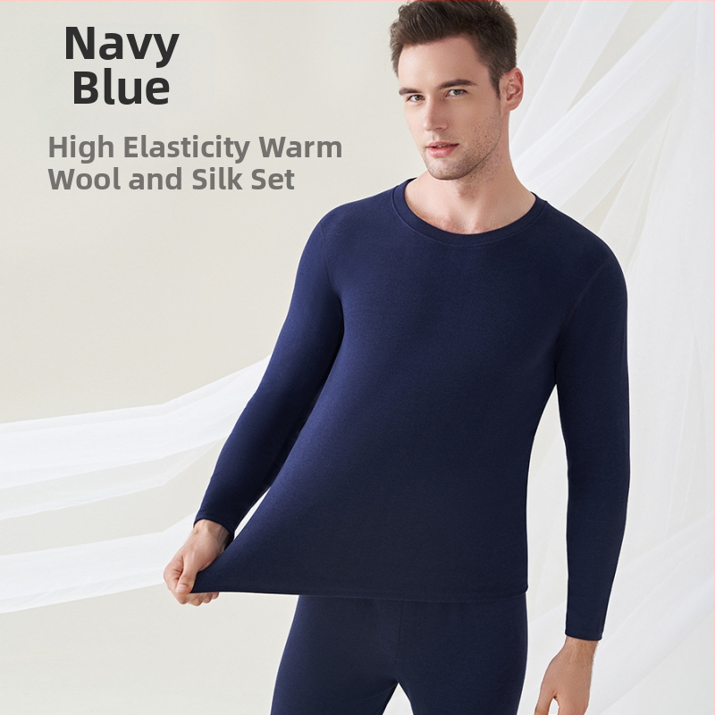 Мъжко термобельо от вълна и коприна, с флисова подплата, двойнослойно, кръгло деколте