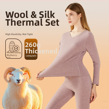 Термо дамско бельо от вълна и коприна — дебело флисово подплатено, комплект горна и долна част, кръгло деколте, дълги ръкави