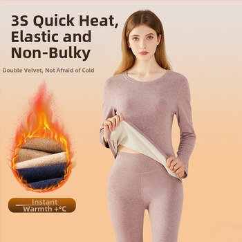 Термо дамско бельо от вълна и коприна — дебело флисово подплатено, комплект горна и долна част, кръгло деколте, дълги ръкави