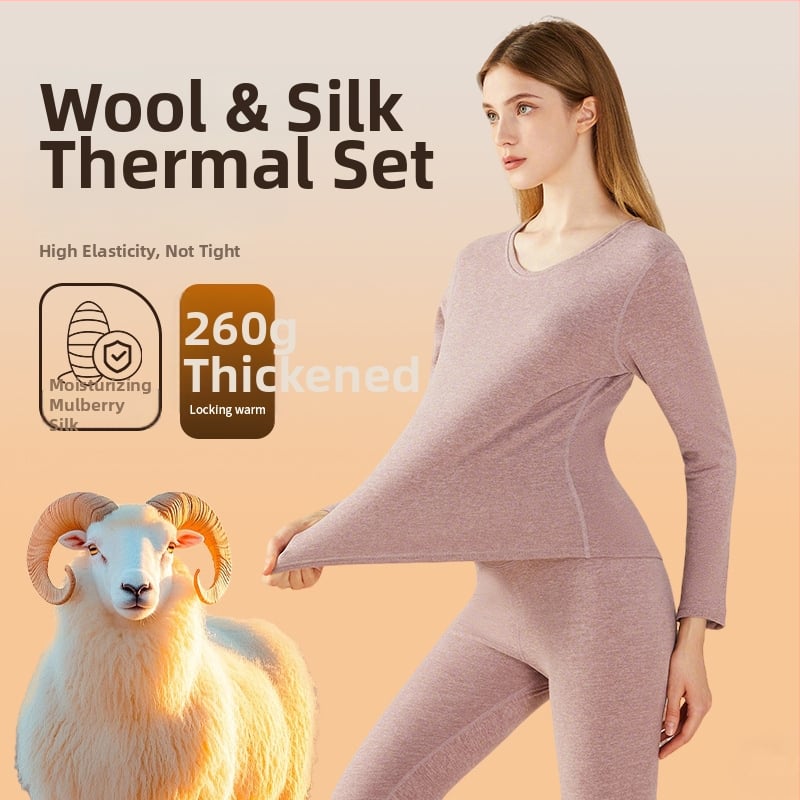 Термо дамско бельо от вълна и коприна — дебело флисово подплатено, комплект горна и долна част, кръгло деколте, дълги ръкави