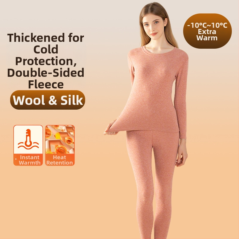 Термо дамско бельо от вълна и коприна — дебело флисово подплатено, комплект горна и долна част, кръгло деколте, дълги ръкави