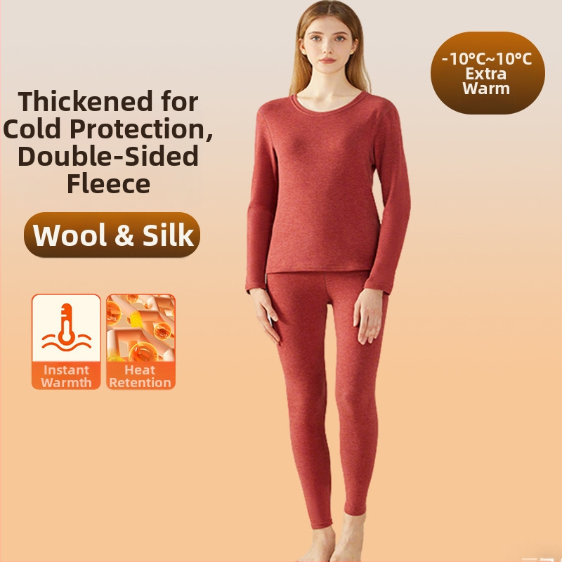 Термо дамско бельо от вълна и коприна — дебело флисово подплатено, комплект горна и долна част, кръгло деколте, дълги ръкави