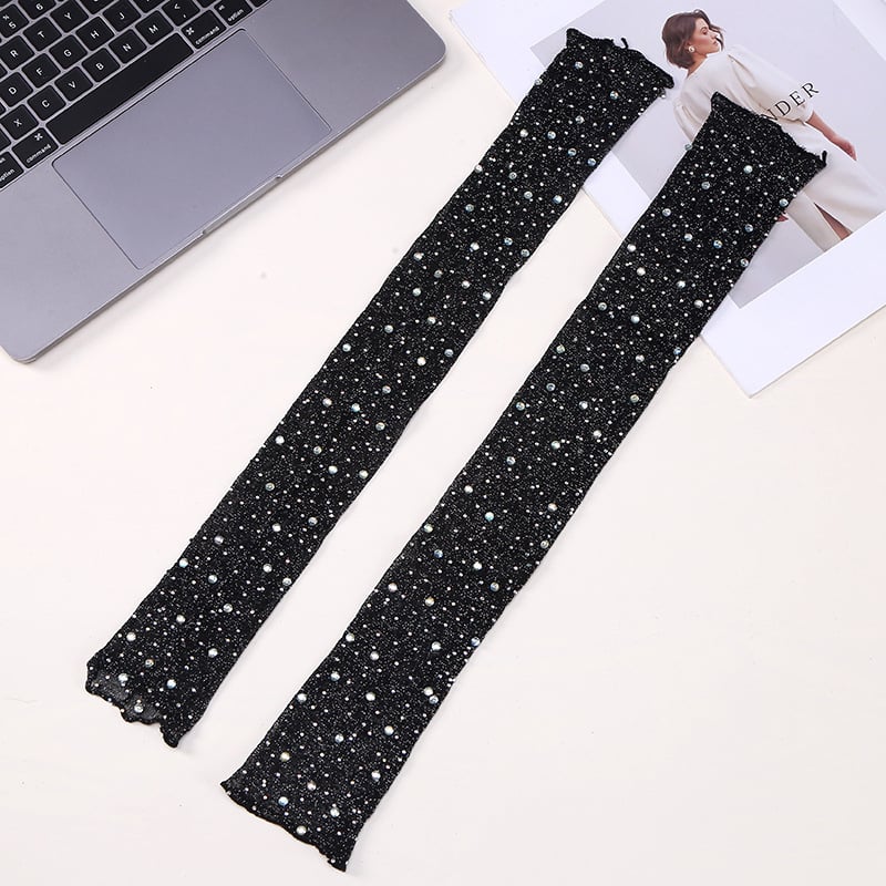 Μακριά δαντελένια UV γάντια χωρίς δάχτυλα με στρας, ελαστικά, πολυεστέρας 81–95% (Στυλ: Street, μη mainstream, μελλοντικό ρεύμα; Φθινόπωρο 2024)