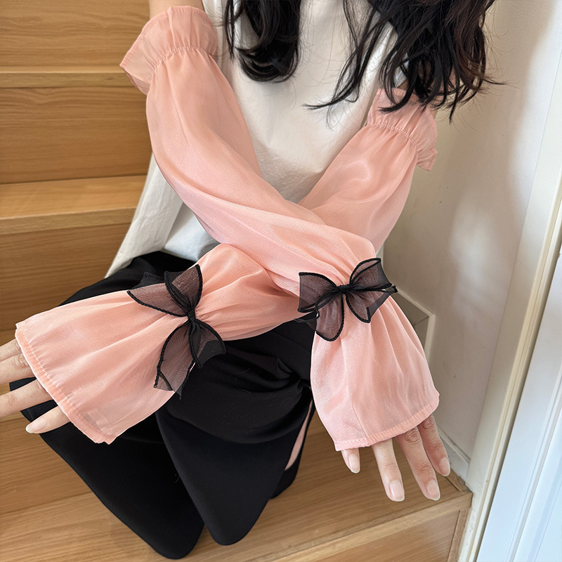 Μανίκια προστασίας από τον ήλιο από Ice Silk για γυναίκες, διακοσμητικό φιόγκος, πολυεστέρας, Καλοκαίρι 2024, στυλ φρέσκο και γλυκό