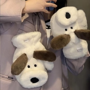 Női plüss kesztyű kutyus mintával - fleece bélés, csúszásmentes, szélvédett, kopásálló, Flip-Cover