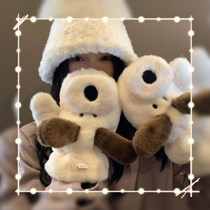 Női plüss kesztyű kutyus mintával - fleece bélés, csúszásmentes, szélvédett, kopásálló, Flip-Cover