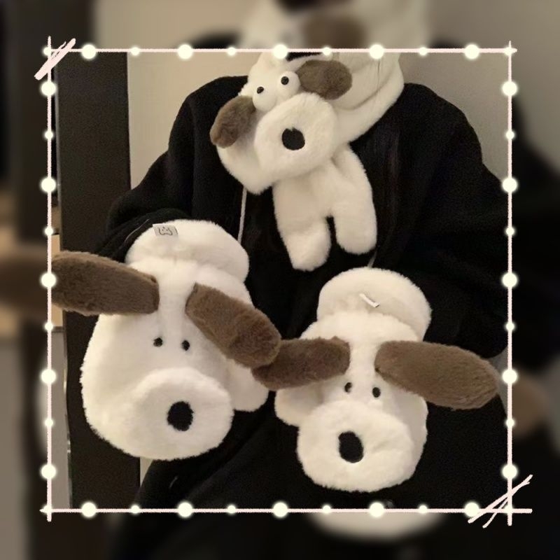 Női plüss kesztyű kutyus mintával - fleece bélés, csúszásmentes, szélvédett, kopásálló, Flip-Cover