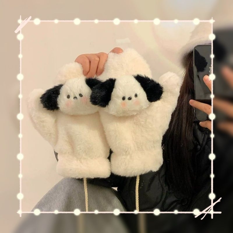 Női plüss kesztyű kutyus mintával - fleece bélés, csúszásmentes, szélvédett, kopásálló, Flip-Cover