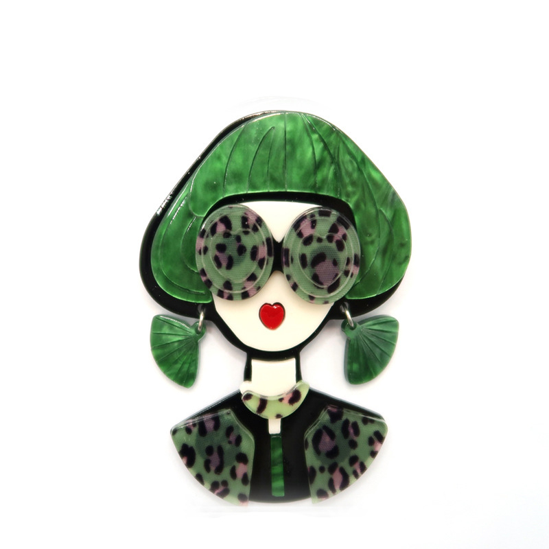 Акрилна брошка с момиче в очила — карикатурен стил, декоративна и подарък, пролет 2024