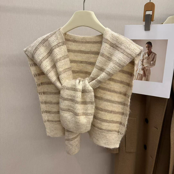 Шал за врата с три ивици, есенно-зимна корейски стил, женски аксесоар (Материал: полиестер; Шиене: warp knitting; Патерн: ивици; Функция: декорация; Сезон: есен-зима 2025)