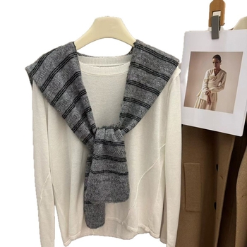 Шал за врата с три ивици, есенно-зимна корейски стил, женски аксесоар (Материал: полиестер; Шиене: warp knitting; Патерн: ивици; Функция: декорация; Сезон: есен-зима 2025)