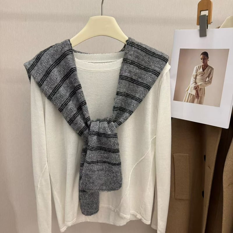 Шал за врата с три ивици, есенно-зимна корейски стил, женски аксесоар (Материал: полиестер; Шиене: warp knitting; Патерн: ивици; Функция: декорация; Сезон: есен-зима 2025)