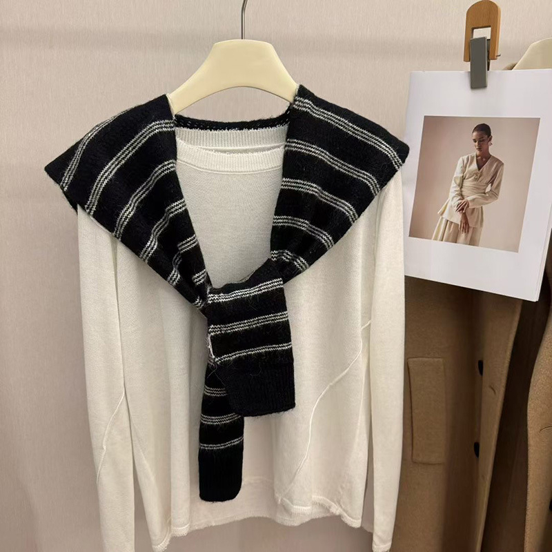 Шал за врата с три ивици, есенно-зимна корейски стил, женски аксесоар (Материал: полиестер; Шиене: warp knitting; Патерн: ивици; Функция: декорация; Сезон: есен-зима 2025)
