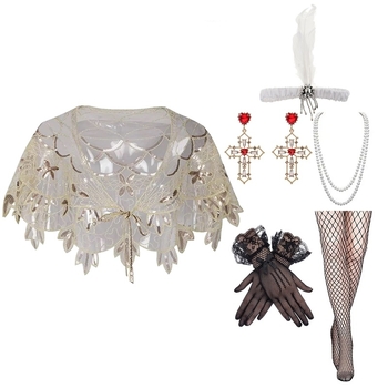 Пайетков шал в ретро стил за вечерна рокля в духа на Гетсби (1920-те) – полиестер, warp-knit тъкане, флорална шарка, декоративна бродерия