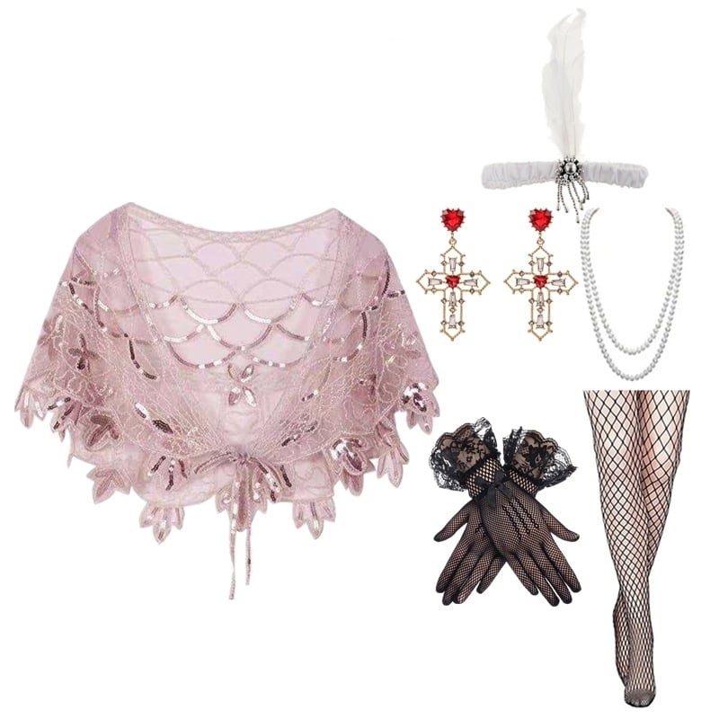 Пайетков шал в ретро стил за вечерна рокля в духа на Гетсби (1920-те) – полиестер, warp-knit тъкане, флорална шарка, декоративна бродерия