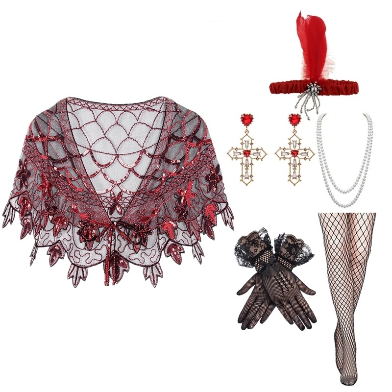 Пайетков шал в ретро стил за вечерна рокля в духа на Гетсби (1920-те) – полиестер, warp-knit тъкане, флорална шарка, декоративна бродерия