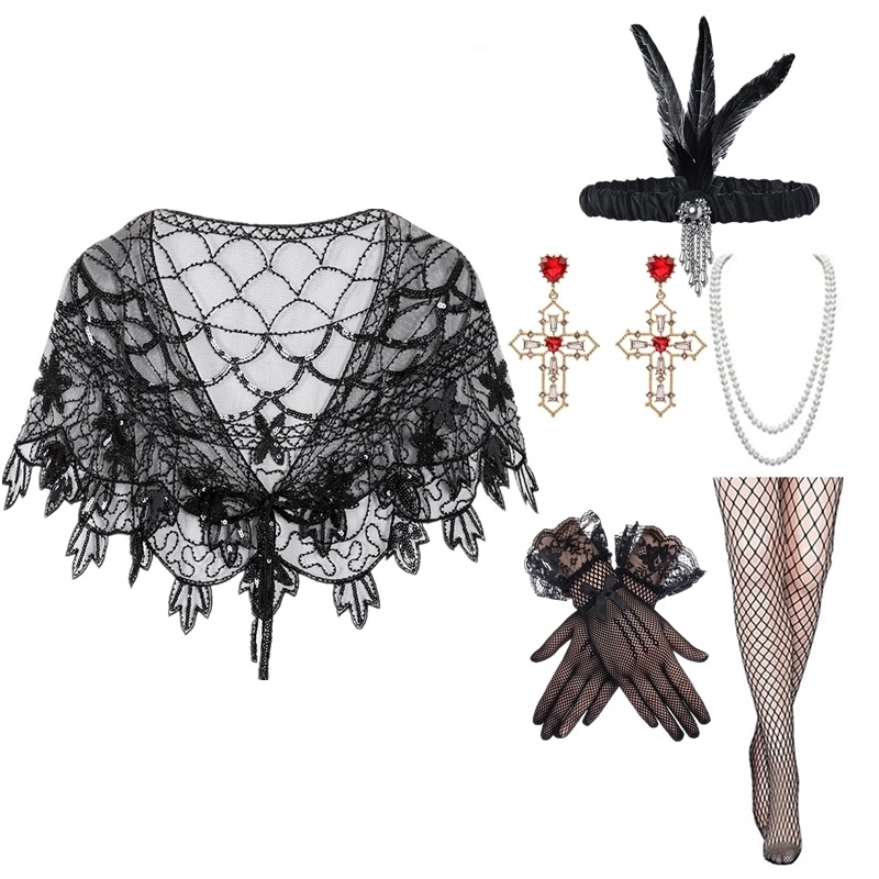 Пайетков шал в ретро стил за вечерна рокля в духа на Гетсби (1920-те) – полиестер, warp-knit тъкане, флорална шарка, декоративна бродерия