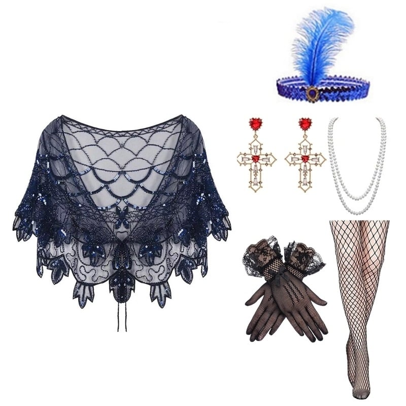 Пайетков шал в ретро стил за вечерна рокля в духа на Гетсби (1920-те) – полиестер, warp-knit тъкане, флорална шарка, декоративна бродерия