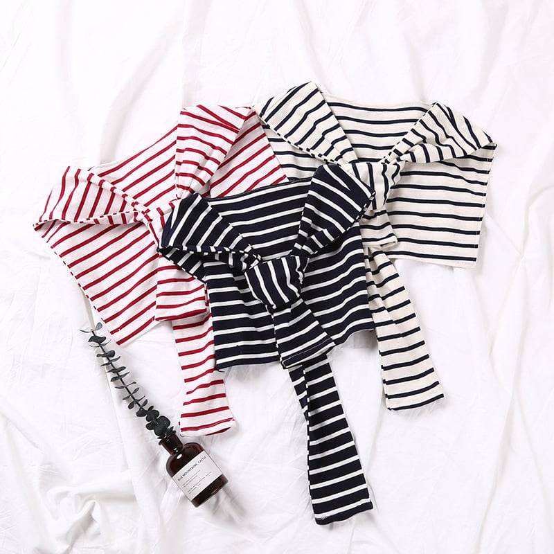 Корейски стил вързан памучен шал за жени, декоративна пелерина на райета с аксесоар за яка, подходящ за лято, пролет и есен.