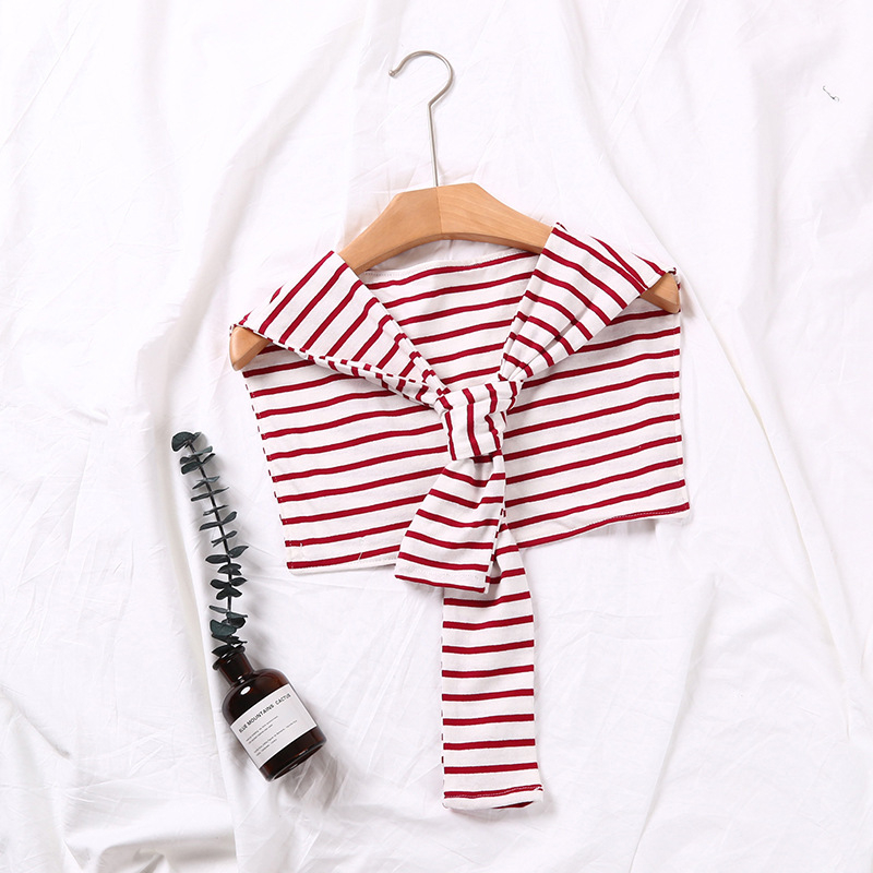 Корейски стил вързан памучен шал за жени, декоративна пелерина на райета с аксесоар за яка, подходящ за лято, пролет и есен.